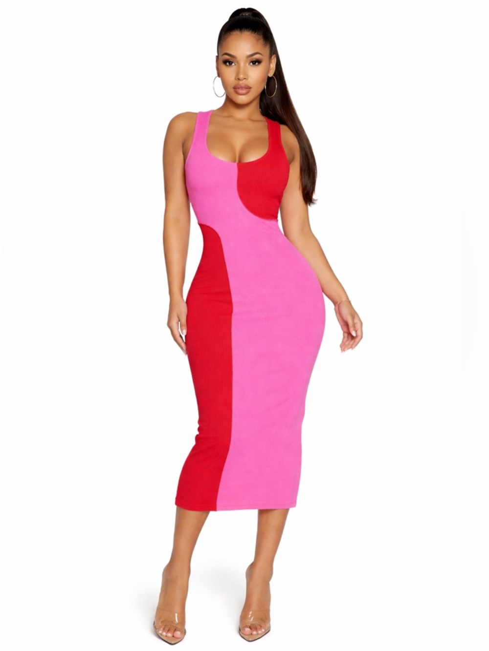 NWOT Naked Wardrobe Pink and Red Colorblock Bodycon Midi Dress